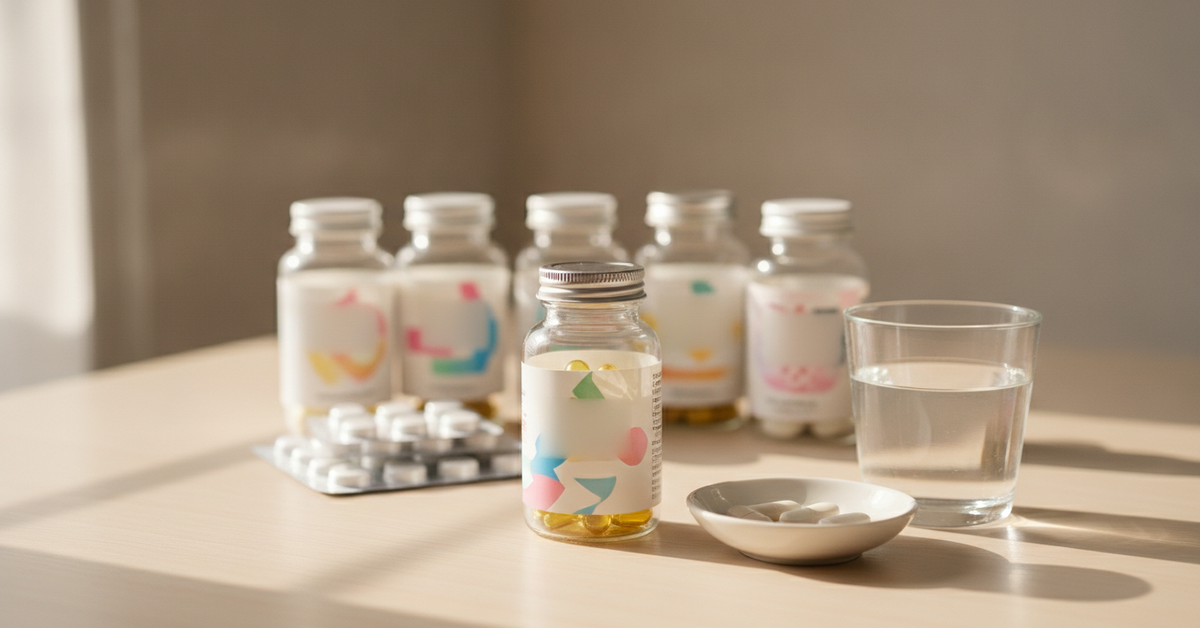A professional close-up photograph of neatly arranged Japanese vitamin supplement bottles and