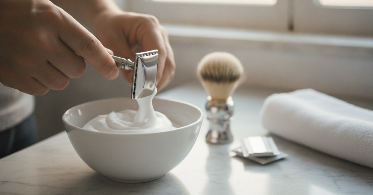 Close-up photograph of a man's hands holding a polished stainless steel Japanese safety razor over