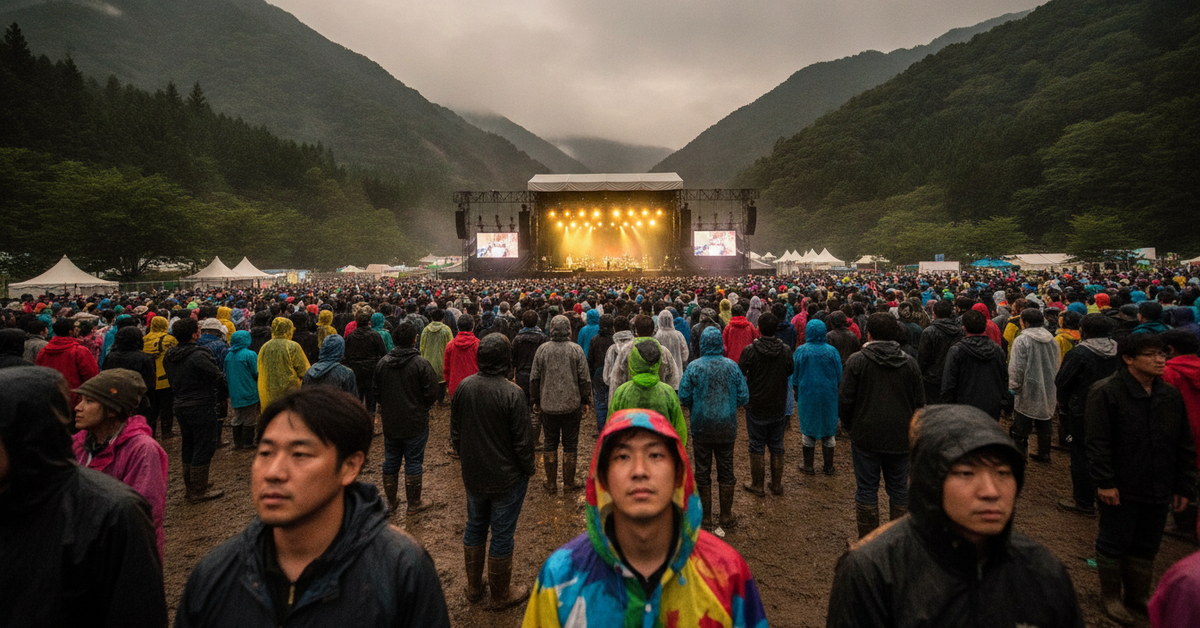 A wide-angle photograph of a dense festival crowd watching a live performance on a large outdoor