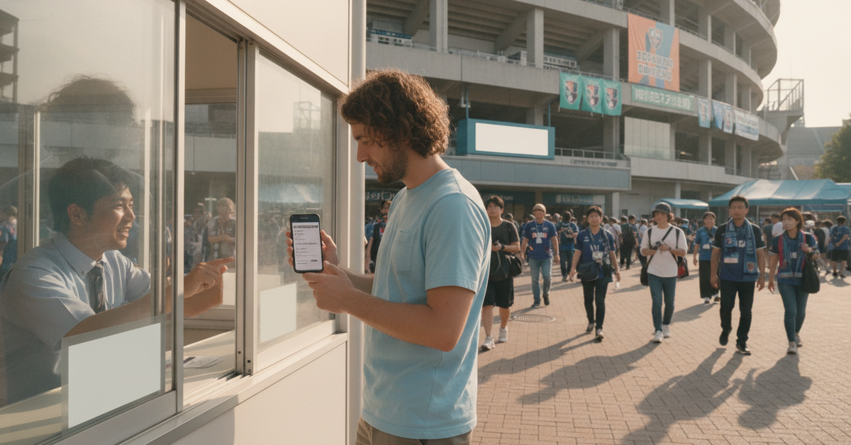 A foreign tourist standing at a Japanese football stadium ticket booth on a sunny afternoon