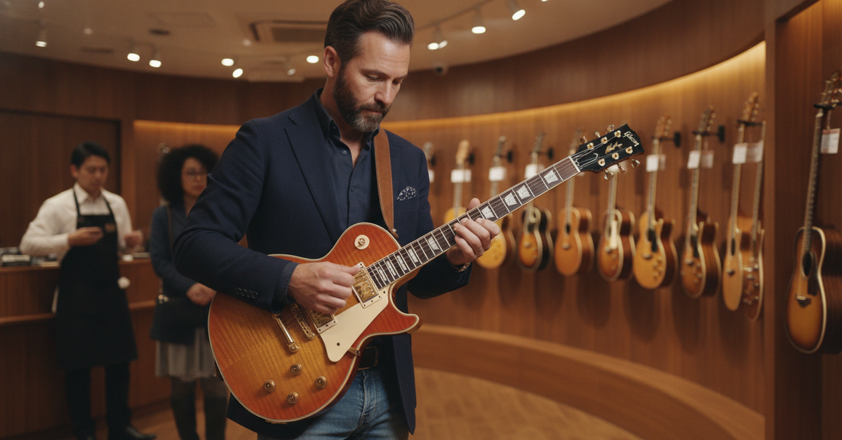 A professional photograph taken inside a high-end Japanese guitar retail store in Tokyo, showing a