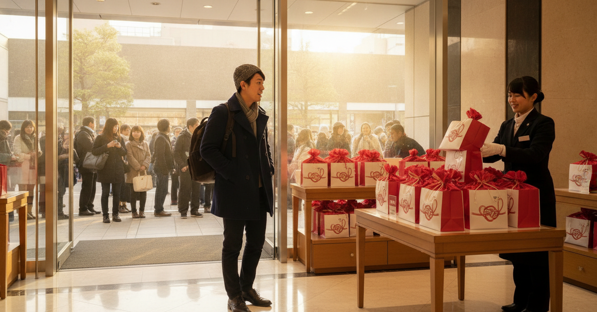 A professional photograph of a crowded Japanese department store entrance on New Year's Day morning
