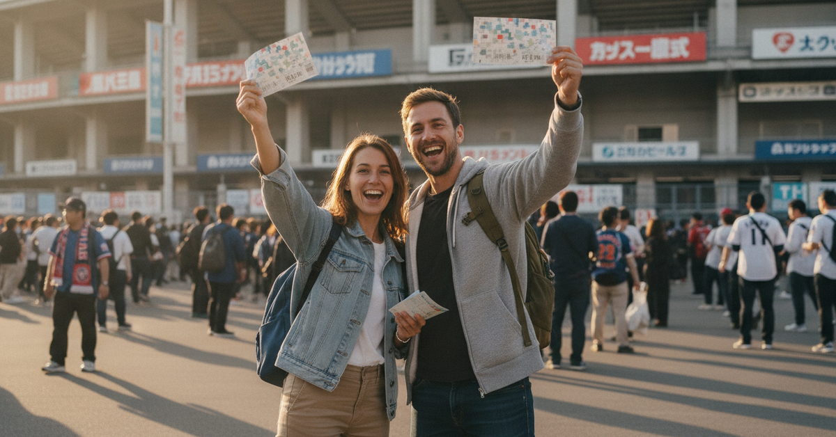 A real photograph of a foreign tourist couple holding printed baseball tickets and a stadium map