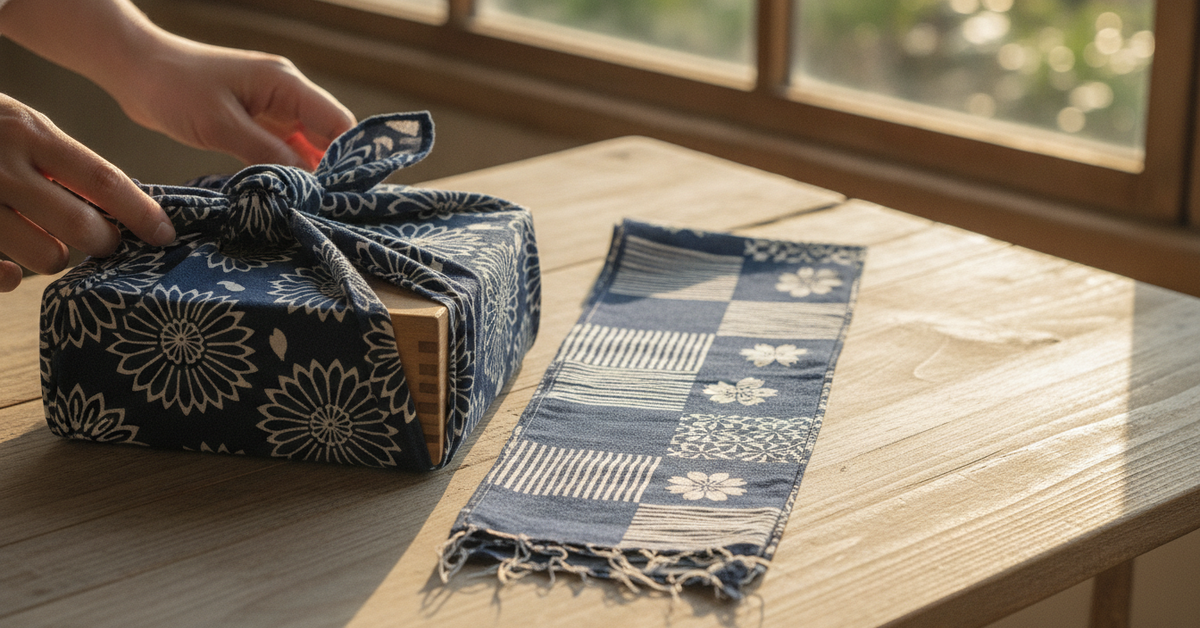 A professional close-up photograph of authentic Japanese tenugui and furoshiki wrapping cloths