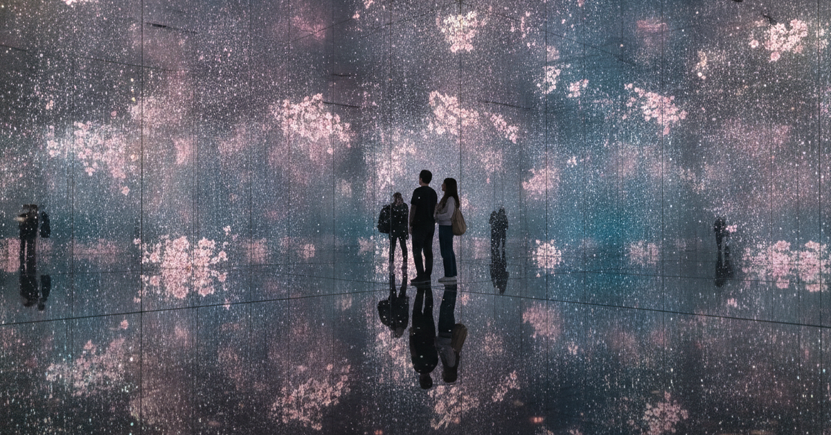 A professional photograph of two visitors standing inside a large immersive light art installation