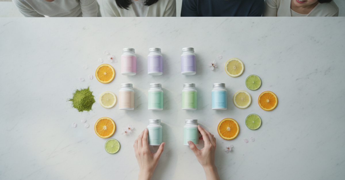 A beautifully styled flat lay of Japanese health supplements and vitamin bottles arranged on a