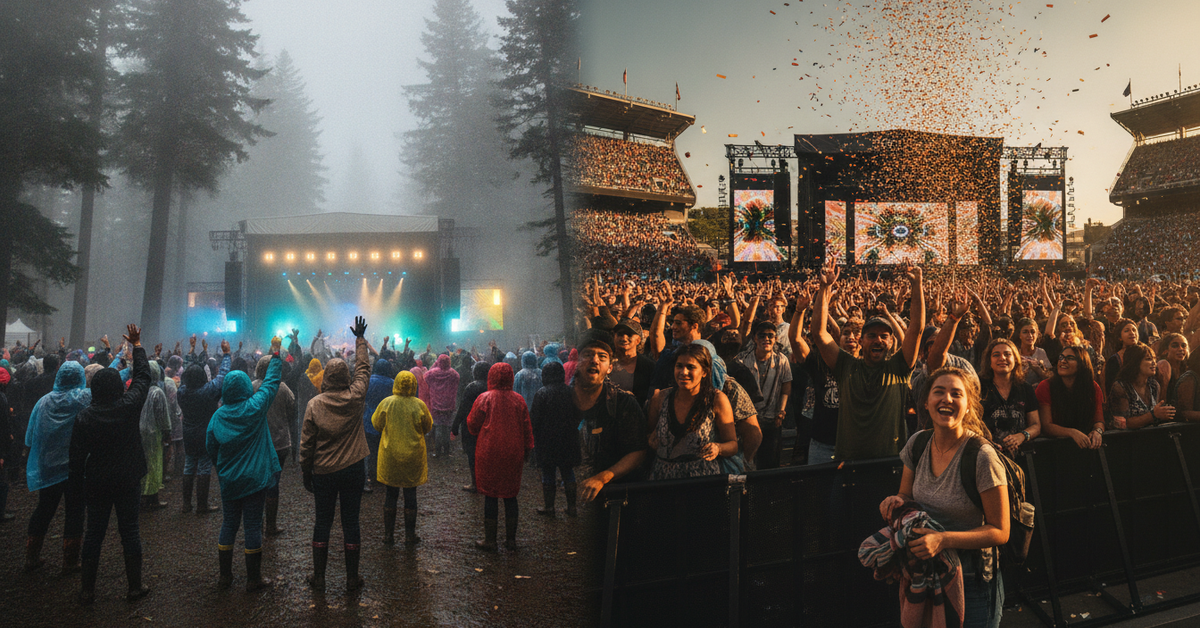 A dramatic split-screen composition contrasting two iconic Japanese music festival atmospheres — on