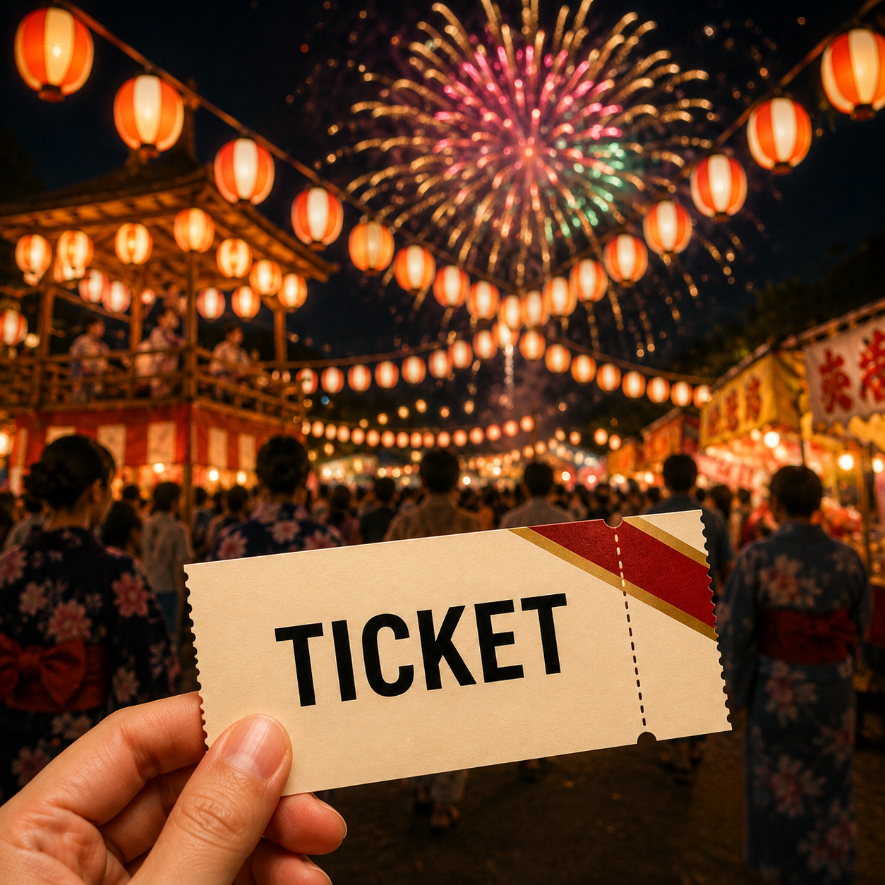 Summer festival and fireworks in Japan with a ticket in the foreground