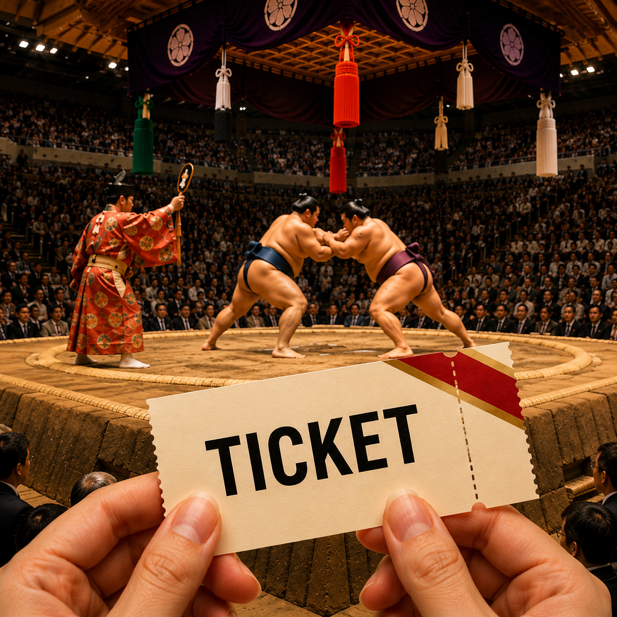 Sumo match in Japan with a ticket in the foreground