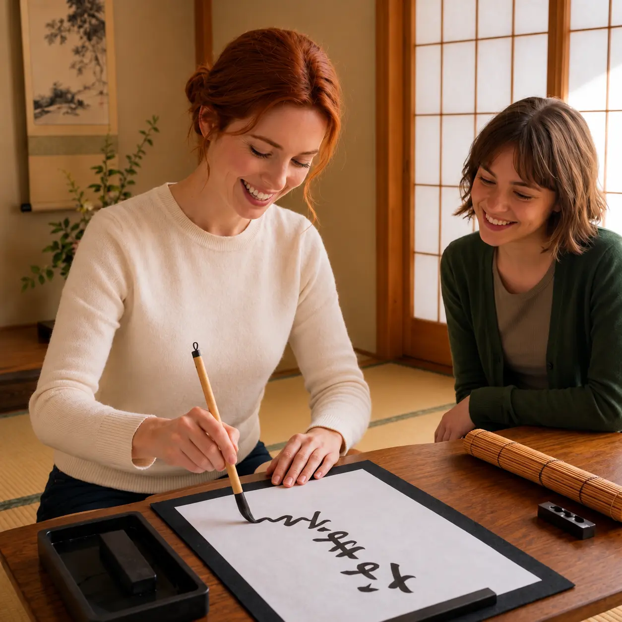 International student practicing Japanese calligraphy in a tatami room