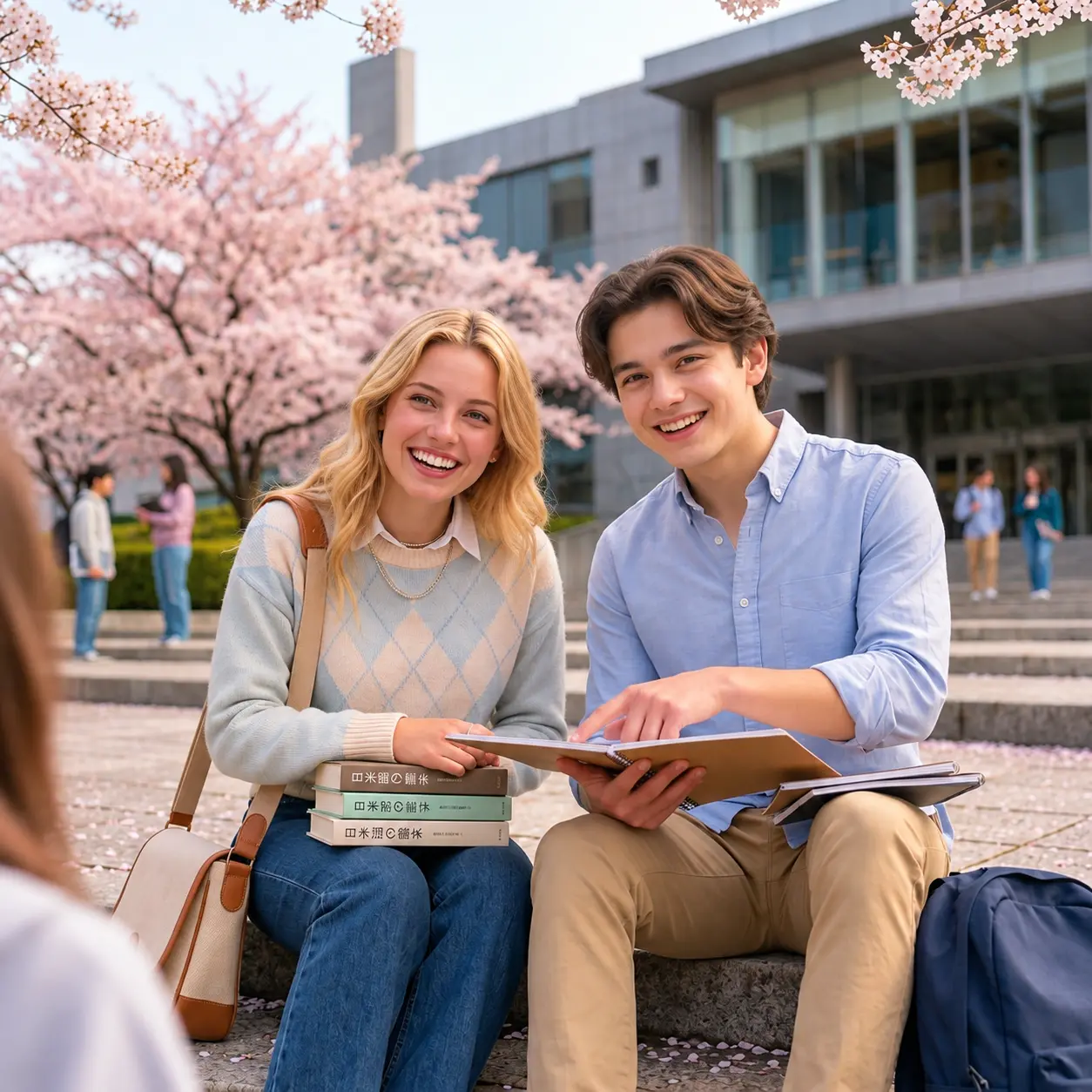 International student studying with books on a Japanese university campus