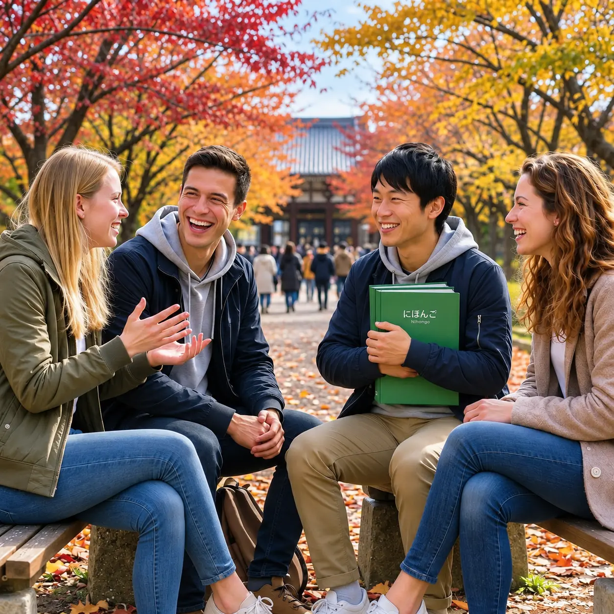 International and Japanese students laughing together under cherry blossoms, one holding a Japanese language textbook